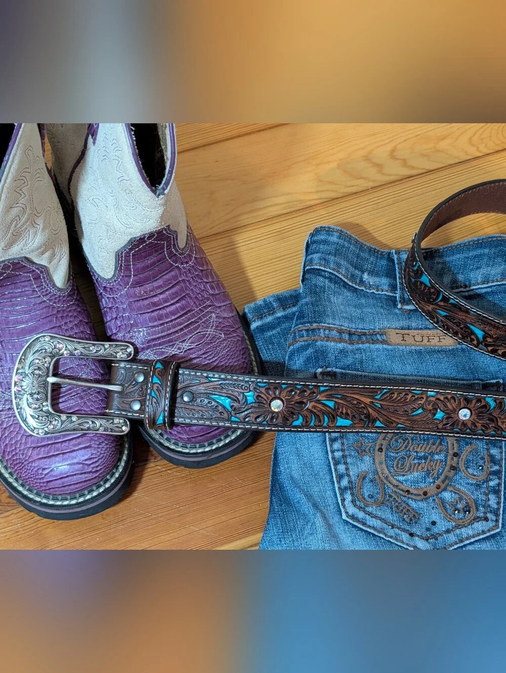 Ariat Jocelyn Genuine Tooled Brown and Turquoise Leather Belt With Bling Buckle